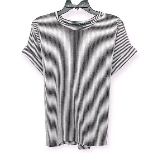 Express Women’s Black White Striped Textured Knit Dolman Belted Top Medium - Picture 1 of 11